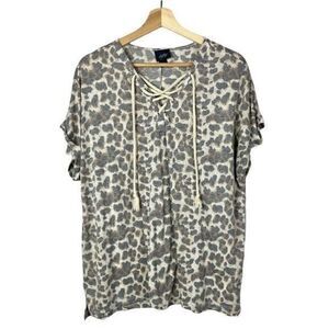 Daytrip Brown Leopard Print Lace Up Roll Cuff Short Sleeve T-Shirt XL